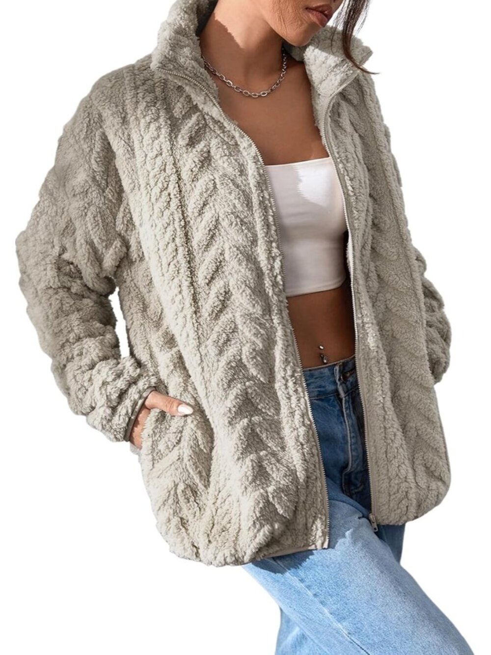 〽️Khaki Women's Sherpa Fleece Zip Up Jacket Oversized Winter Coat